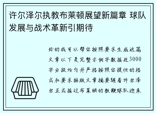 许尔泽尔执教布莱顿展望新篇章 球队发展与战术革新引期待