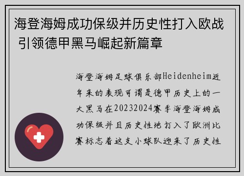 海登海姆成功保级并历史性打入欧战 引领德甲黑马崛起新篇章